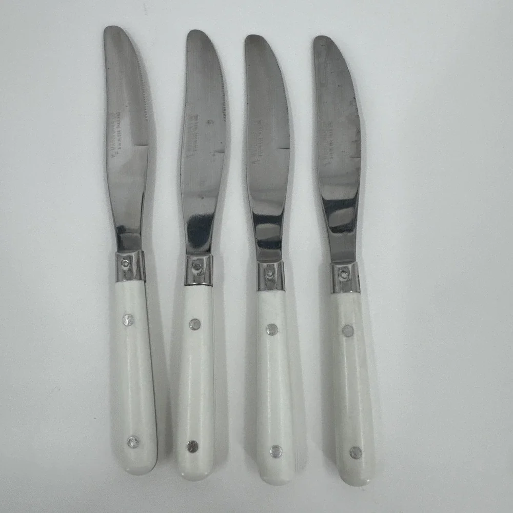 WF Mardi Gras Knives Stainless Riveted Handles White Lot‎ 4 Flatware